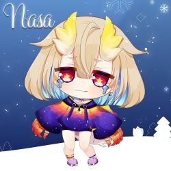  1girl ahoge anklet bike_shorts bilingual_commentary black_shorts blonde_hair blue_hair character_name chibi chibi_only choker closed_mouth colored_inner_hair cowlick crescent crescent_earrings crying crying_with_eyes_open double-parted_bangs dragon_claw dragon_girl dragon_horns dragon_tail drawstring earrings english_commentary fang fish full_body grey_shirt hair_between_eyes highres hood hoodie horns jewelry long_sleeves looking_at_viewer mixed-language_commentary mole mole_on_shoulder multicolored_hair multicolored_hoodie multiple_anklets off-shoulder_shirt off_shoulder official_art padlocked_choker phase_connect pine_tree purple_choker purple_slippers red_claws red_eyes red_scales sad second-party_source shirt short_hair short_shorts shorts single_earring skin_fang sleeves_past_wrists slippers snow snow_sculpture snowflakes solo standing star-shaped_pupils star_(symbol) star_print starry_hair symbol-shaped_pupils tail tears tree utatane_nasa utatane_nasa_(nasa_1.0) variant_set wafflegrab wide_sleeves yellow_horns yellow_pupils yellow_scales yellow_tail zipper zipper_pull_tab 