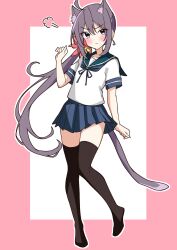  1girl absurdres akebono_(kancolle) akebono_kai_(kancolle) animal_ear_fluff animal_ears bell black_thighhighs blue_neckerchief blue_sailor_collar blue_skirt border brown_eyes cat_ears cat_tail commentary_request extra_ears flower full_body grey_hair hair_bell hair_flower hair_ornament highres jingle_bell kantai_collection motti_(motthi0711) neckerchief outside_border pink_border pleated_skirt puff_of_air sailor_collar sailor_shirt shirt side_ponytail skirt solo tail thigh-highs two-tone_background white_shirt 