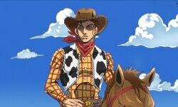  1boy animal_print animification araki_hirohiko_(style) brown_hair bullseye_(toy_story) cow_print cowboy cowboy_hat ggs_cihuy hat highres jojo_no_kimyou_na_bouken long_sleeves male_focus sheriff_woody shirt short_hair simple_background steel_ball_run toy_story toy_story_2 unfinished vest 