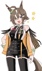  1girl abntyo ahoge animal_ears black_boots black_shirt black_shorts blue_eyes blush boots breasts brown_hair chess_piece commentary_request dice fang gloves grey_hair grey_streaks hair_ornament hair_over_one_eye hairclip high-waist_shorts horse_ears horse_girl horse_tail looking_at_viewer multicolored_hair multiple_hairclips open_mouth rook_(chess) rulership_(monochrome_gm)_(umamusume) rulership_(umamusume) shirt short_hair shorts simple_background sleeveless sleeveless_shirt smile solo star_(symbol) streaked_hair tail thigh_boots umamusume white_background white_gloves 