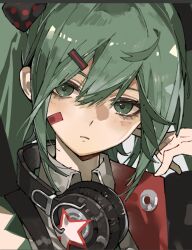  1girl aqua_eyes aqua_hair aqua_trim bandaid bandaid_on_cheek bandaid_on_face chouti_ttt close-up closed_mouth collar collared_shirt grey_collar hair_between_eyes hair_ornament hairclip hand_up hatsune_miku headphones headphones_around_neck highres looking_at_viewer shirt solo star_(symbol) twintails vocaloid 
