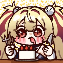  1girl blonde_hair blush cake chibi chibi_only claret_flint commentary detached_sleeves drooling food fork fruit hair_ornament hair_ribbon holding holding_fork holding_knife kitchen_knife knife long_hair open_mouth plate red_eyes red_ribbon ribbon siu_(esiu3891) solo sphere_hair_ornament strawberry twintails untranslatable_commentary white_background zenless_zone_zero 