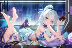  1girl armband armpit_crease artist_request barefoot belt belt_pouch bird blue_armband blue_belt blue_bird blue_choker blue_eyes blue_nails blue_ribbon book breasts card choker crop_top crystal_ball earrings feet genmu_kumotori hair_ornament hair_ribbon heart heart_earrings heterochromia holding holding_card indie_virtual_youtuber jewelry lying on_stomach ponytail pouch purple_bird rain ribbon shirt shorts sideboob sign sleeveless sleeveless_shirt smile thigh_belt thigh_strap thighs violet_eyes virtual_youtuber white_hair white_shorts yu-gi-oh! 
