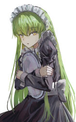  1girl absurdres alternate_costume black_dress c.c. code_geass cokei commentary_request crossdressing crossdressing_(mtf) dress frilled_dress frills green_hair hair_between_eyes highres holding holding_tray long_hair maid maid_headdress male_maid simple_background solo tray white_background wrist_cuffs yellow_eyes 