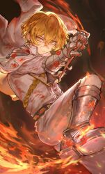  1boy blonde_hair boots coat commentary earrings fire gauntlets highres jewelry limbus_company looking_at_viewer n_corp._fanatic_(identity)_(project_moon) nail_(hardware) nekondx orange_background pants project_moon shirt short_hair sinclair_(project_moon) single_earring solo untranslatable_commentary wax_seal white_coat white_pants white_shirt yellow_eyes 