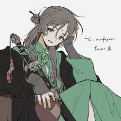  1girl brown_coat brown_hair chinese_clothes chinese_commentary coat commentary facial_mark fingernails forehead_mark gem gourd green_eyes grin hair_ornament hair_stick head_rest highres holding holding_gourd jade_(gemstone) jade_pendant long_hair long_sleeves looking_at_viewer mandarin_collar original red_gem rokkatera sheath sitting smile solo sword tassel weapon white_background 