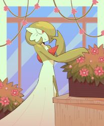 1girl absurdres bob_cut colored_skin dress flower gardevoir green_hair green_skin greenhouse highres multicolored_skin pink_flower pokemon pokemon_(creature) red_eyes smile sunnydr0pdraws two-tone_skin white_dress white_skin 
