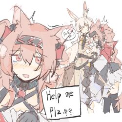  2girls angelina_(arknights) animal_ear_piercing animal_ears arknights black_gloves black_hairband boru_tama brown_dress brown_hair commentary dress drooling english_text fox_ears fox_girl gloves hairband highres jacinta_(arknights) long_hair mouth_drool multiple_girls multiple_views open_mouth rabbit_ears rabbit_girl red_eyes simple_background sketch sweatdrop tearing_up twintails untranslatable_commentary white_background white_hair yellow_eyes 