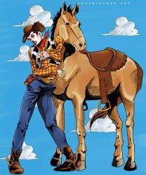 1boy absurdres animal_print animification araki_hirohiko_(style) brown_hair bullseye_(toy_story) commentary cow_print cowboy cowboy_hat english_commentary ggs_cihuy hat highres horse jojo_no_kimyou_na_bouken long_sleeves male_focus sheriff_woody shirt short_hair smile toy_story toy_story_2 vest 