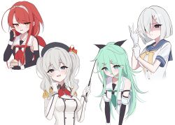  4girls absurdres ahoge angry armband beans black_bow black_gloves black_hat black_shirt blue_eyes blue_sailor_collar blush bow breasts collarbone collared_shirt commentary_request cropped_torso double-parted_bangs dress_shirt elbow_gloves embarrassed epaulettes fingerless_gloves gloom_(expression) glove_pull gloves green_hair grey_hair grey_shirt hair_between_eyes hair_bow hair_ornament hair_over_one_eye hairband hairclip hamakaze_(kancolle) hat highres holding holding_riding_crop jacket kantai_collection kashima_(kancolle) kawakaze_(kancolle) long_hair long_sidelocks looking_at_viewer low_twintails medium_breasts medium_hair multiple_girls neckerchief open_mouth orange_eyes parted_bangs partially_shaded_face red_hair red_neckerchief riding_crop sailor_collar setsubun shirt sidelocks simple_background sleeveless sleeveless_shirt smug sweat twintails two-tone_shirt upper_body very_long_hair white_background white_gloves white_hairband white_jacket white_sailor_collar white_shirt wrist_cuffs yachima yamakaze_(kancolle) yellow_neckerchief 