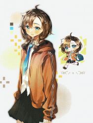  1girl :d :o ahoge arms_at_sides black_skirt blue_eyes blue_necktie blush braid brown_hair chibi chibi_inset collared_shirt commentary_request cowboy_shot daisy_(flower) degrees_of_lewdity double_vertical_stripe emoticon flower hahqnbxhevcyrsj hair_ornament happy highres hood hooded_jacket jacket kaomoji long_hair looking_at_viewer low_twin_braids miniskirt necktie open_clothes open_jacket orange_track_suit parted_bangs pleated_skirt robin_(degrees_of_lewdity) robin_(female)_(degrees_of_lewdity) school_uniform shirt simple_background skirt smile standing tareme track_suit twin_braids untucked_shirt white_shirt 
