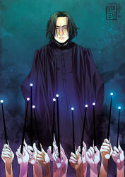  1boy 2016 black_hair black_robe closed_eyes closed_mouth harry_potter_(series) highres holding holding_wand makkunsta medium_hair outdoors people robe severus_snape wand watermark wizarding_world 