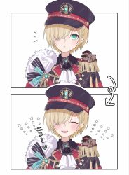  1girl ascot black_hat black_jacket blonde_hair blush epaulettes fang gem green_eyes hair_over_one_eye hat highres jacket kurumi_noah kurumi_noah_(9th_costume) multiple_views open_mouth short_hair smile teeth unimaru_go virtual_youtuber vspo! white_background 