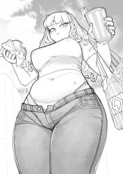  1girl blush breasts burger closed_mouth commentary_request cowboy_shot cropped_shirt cup denim disposable_cup drill_hair food fujido_oriko giant_ojou-sama greyscale hair_intakes highres holding holding_burger holding_cup holding_food jeans large_breasts long_hair monochrome navel nikukaiq official_art pants plump short_sleeves solo 