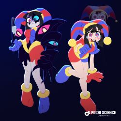  1girl abstraction_(the_amazing_digital_circus) absurdres alternate_breast_size_(larger) asymmetrical_gloves bilingual_commentary black_hair blush breasts gloves hat hat_bell heterochromia highres jester jester_cap jester_costume knife mismatched_gloves mixed-language_commentary multicolored_hat multiple_views pochi_science pomni_(the_amazing_digital_circus) reference_inset striped_clothes striped_headwear tearing_up the_amazing_digital_circus vertical-striped_clothes vertical-striped_headwear 