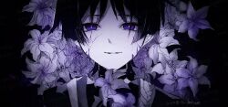  1boy black_background black_hair blunt_ends bodysuit bright_pupils choppy_bangs commentary cracked_skin floral_background flower genshin_impact highres japanese_clothes jewelry juban kimono looking_at_viewer male_focus monochrome neck_ring parted_lips portrait rope scaramouche_(genshin_impact) scaramouche_(harbinger)_(genshin_impact) shimenawa solo spot_color straight-on tsuibakiwa tsurime twitter_username violet_eyes watermark white_flower white_mouth white_pupils wolf_cut 