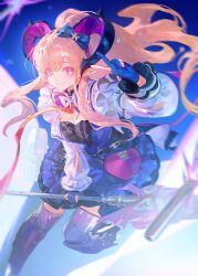  1girl absurdres arknights arknights:_endfield blonde_hair blue_gloves blue_ribbon commentary dooduck dress earrings eyelashes frilled_dress frills gloves hair_ribbon heart heart_earrings high_ponytail highres holding horns jewelry liino_(arknights) long_sidelocks long_sleeves looking_at_viewer pointy_ears ponytail ribbon sidelocks skirt smile solo standing standing_on_one_leg star-shaped_pupils star_(symbol) symbol-shaped_pupils v violet_eyes 