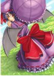  bat_wings bow dress from_behind hat highres looking_back marker_(medium) parasol purple_hair red_eyes remilia_scarlet shin_k short_hair solo touhou traditional_media umbrella wings 