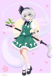  1girl artist_name black_bow black_bowtie black_hairband black_shoes border bow bowtie collared_shirt commentary_request falling_petals flower frilled_skirt frills full_body green_eyes green_skirt green_vest grey_hair hairband highres hitodama holding holding_sword holding_weapon katana konpaku_youmu konpaku_youmu_(ghost) looking_at_viewer mary_janes outside_border petals pink_background pink_flower pink_petals print_skirt print_vest seo_haruto sheath sheathed shirt shoes skirt skirt_set socks solo sword touhou vest weapon white_border white_shirt white_socks 
