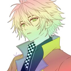  1boy black_shirt child final_fantasy final_fantasy_xiii green_eyes grey_hair hair_between_eyes highres hope_estheim jacket looking_at_viewer lovelessxxx69 male_focus neckerchief no_pupils orange_jacket parted_lips print_neckerchief shirt sign solo upper_body white_background 