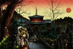 2girls 3speed bare_tree bridge east_asian_architecture hijiri_byakuren japanese_architecture polearm spear stone_lantern temple tiger_stripes toramaru_shou touhou tree weapon