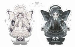 2girls accurate_lolita_coord apron black_apron black_bonnet black_butterfly black_dress black_hair black_shoes blush bonnet bug butterfly butterfly_hair_ornament butterfly_wings closed_mouth dot_mouth dress drill_hair english_text expressionless frilled_bonnet frills gradient_hair hair_ornament highres holding holding_lantern insect_wings lantern light_blush lolita_fashion long_sleeves multicolored_hair multiple_girls naiguozi no_pupils original puffy_long_sleeves puffy_sleeves see-through_clothes see-through_sleeves shoes sparkle wavy_hair white_apron white_background white_bonnet white_butterfly white_dress white_hair wings 