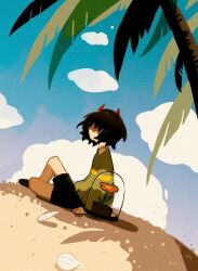  1other aislan beach blue_sky brown_hair brown_shorts child clouds cloudy_sky commentary day deltarune expressionless flower flowery_(deltarune) glass highres holding holding_flower kris_(deltarune) long_sleeves looking_up nature on_ground other_focus outdoors palm_tree scenery shaded_face short_hair shorts sitting sky striped_clothes striped_sweater striped_sweater_vest sweater tree untranslatable_commentary utdr_(toby_fox) yellow_flower 