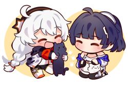  2girls ^_^ ahoge blunt_bangs bodysuit braid cat chibi closed_eyes english_commentary full_body hair_between_eyes hair_ornament happy headband high_ponytail highres honkai_(series) honkai_impact_3rd hood hoodie kiana_kaslana kiana_kaslana_(white_comet) long_hair looking_at_another low_twin_braids multiple_girls off_shoulder ponytail purple_fur purple_hair raiden_mei raiden_mei_(striker_fulminata) shirt strap twin_braids two-tone_background very_long_hair white_fur white_hair yuutama2804 