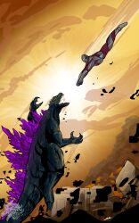  1boy absurdres alien battle bizarrico1 claws color_timer colored_skin commentary compound_eyes crossover dashing debris destruction dorsal_fin english_commentary fighting giant giant_monster glowing glowing_eyes godzilla godzilla_(series) godzilla_2000:_millennium godzilla_vs._megaguirus highres jaw kaiju meme monster multicolored_skin no_humans open_mouth red_skin sharp_teeth silver_bodysuit silver_skin spines tail teeth thragg_vs_battle_beast_(meme) tokusatsu ultra_series ultraman ultraman_(1st_series) very_long_tail white_eyes yellow_eyes 