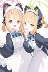  1girl absurdres animal_ear_headphones animal_ears apron black_dress blonde_hair blue_archive cat_ear_headphones cat_ears chinese_commentary commentary_request dress fake_animal_ears frilled_apron frills green_eyes green_halo halo hand_up headphones highres index_finger_raised long_sleeves looking_at_viewer maid_apron maid_headdress midori_(blue_archive) midori_(maid)_(blue_archive) momoi_(blue_archive) momoi_(maid)_(blue_archive) nyarnya official_alternate_costume open_mouth pink_eyes pink_halo ponytail short_hair short_ponytail siblings simple_background sisters white_apron white_background 
