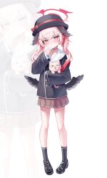  1girl absurdres black_hat black_wings blue_archive blush brown_skirt commentary_request dlrkdals070707 full_body halo hat head_wings highres koharu_(blue_archive) korean_commentary long_hair long_sleeves looking_at_viewer low_wings pink_eyes pink_hair pink_halo red_halo skirt solo twintails winged_halo wings zoom_layer 