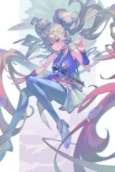  1girl absurdres breasts clenched_teeth colossuss777 commentary commission double_bun duel_monster floating floating_hair full_body grey_hair hair_bun hairband hand_up high_heels highres holding_seashell long_hair marincess_aqua_argonaut pantyhose pixiv_commission seashell shell skirt sleeveless smile solo teeth very_long_hair yellow_eyes yu-gi-oh! 