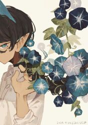  1boy 2024 aqua_eyes aqua_horns artist_name black_shirt braid braided_ponytail brown_hair collared_shirt commentary dark-skinned_male dark_skin dated flower from_side hair_flower hair_ornament hand_up highres horns ice_god_(jimini_shijimi) jimini_shijimi long_hair long_sleeves looking_at_viewer morning_glory original pointy_ears shirt simple_background slit_pupils solo turtleneck turtleneck_shirt white_background 
