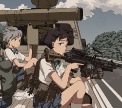  2girls aqua_bow aqua_bowtie bgm-71_tow black_hair blue_eyes blue_skirt bow bowtie etmc1992 from_side gloves grey_hair guard_rail gun highres highway light_machine_gun load-bearing_equipment m249_saw machine_gun motor_vehicle multiple_girls on_truck original pleated_skirt road single_glove skirt truck weapon white-shirt wind 