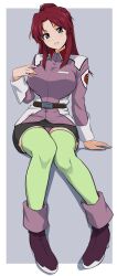  1girl belt black_skirt blue_eyes blush border breasts brown_belt brown_hair commentary_request curtained_hair drop_shadow eyelashes flay_allster full_body green_thighhighs gundam gundam_seed highres infinite_moppy jacket long_hair long_sleeves purple_background purple_jacket purple_shoes shoes sidelocks simple_background sitting skirt smile solo thigh-highs white_border 
