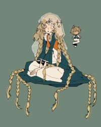  1girl absurdres blue_dress braid brown_eyes brown_hair dress everecho_(reverse:1999) full_body green_background hand_puppet heterochromia highres kemeo_(losehope078) long_dress long_hair looking_at_viewer multiple_braids orange_vest puppet reverse:1999 see-through_clothes see-through_veil sitting solo veil very_long_hair vest 