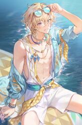  1boy aqua-tinted_eyewear armband aventurine_(honkai:_star_rail) aventurine_(waveflair)_(honkai:_star_rail) bandana_around_arm blonde_hair blue_hawaii blue_shirt commentary eyewear_on_head gold_necklace hair_between_eyes hawaiian_shirt highres holding honkai:_star_rail honkai_(series) jewelry male_focus male_swimwear multicolored_eyes multicolored_hair multiple_necklaces neck_tattoo necklace official_alternate_costume open_clothes open_shirt shirt short_hair smile solo sunglasses surfboard tattoo tinted_eyewear ven0305 water white_male_swimwear yellow-framed_eyewear yellow_armband 