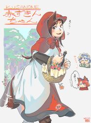  3girls :d animal_ears basket blue_hair blush boots bow bowtie brooch brown_boots brown_eyes brown_hair commentary cup dated dress drinking_glass fangs feet_out_of_frame fingernails flower flying_sweatdrops foliage forest grass_root_youkai_network highres holding holding_basket imaizumi_kagerou jewelry kokechankokko little_red_riding_hood_(fairy_tale) long_fingernails long_hair long_sleeves multiple_girls nature pink_flower red_bow red_bowtie red_hair red_hood red_nails sekibanki sideways_glance smile speech_bubble tail tail_wagging thought_bubble touhou translation_request two-tone_dress untranslatable_commentary wakasagihime white_background white_dress wine_glass wolf_ears wolf_girl wolf_tail 