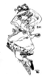  1girl blush chisel commentary_request dated dress frilled_dress frills greyscale hagoromo hair_ornament hair_rings highres kaku_seiga kokechankokko monochrome narrowed_eyes parted_lips petticoat shawl shoes short_hair short_sleeves socks solo touhou white_background 
