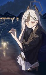  1girl absurdres black_dress black_hair black_horns blue_archive clone_(user_atad4545) closed_mouth dress fireworks from_side full_body gradient_hair grey_halo halo highres horns japanese_clothes kayoko_(blue_archive) kayoko_(new_year)_(blue_archive) kimono long_hair looking_at_viewer multicolored_hair night red_eyes solo squatting two-tone_hair white_hair 