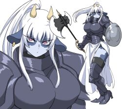  1girl animal_ears armor axe black_skin boobplate breasts colored_skin cow_ears cow_girl cow_horns cuirass ear_piercing greaves grey_skin highres holding holding_axe holding_shield horns large_breasts multiple_views nasu_(ilo_a5) original patterned_skin piercing pink_eyes shield side_slit skirt white_hair white_skirt 