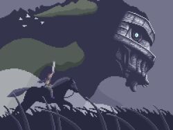  1boy animated animated_gif bird commentary english_commentary getdarwin grass lowres male_focus pixel_art quadratus_(shadow_of_the_colossus) shadow_of_the_colossus simple_background solo sword wander_(shadow_of_the_colossus) weapon 