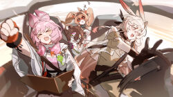  >_< 4girls :d absurdres ahoge angelina_(arknights) angelina_the_mellow_wish_(arknights) animal_ear_fluff animal_ears arknights arm_up banque_(edrukine) black_eyes black_gloves black_hairband brown_hair capelet car carrot clenched_hand closed_eyes commentary day drifting driving fingerless_gloves fox_ears fox_girl gloves hair_between_eyes hairband highres holding holding_map jacinta_(arknights) long_hair map material_growth meme motor_vehicle multiple_girls official_artist_extra old_lady_steering_wheel_(meme) open_mouth orange_gloves oripathy_lesion_(arknights) outdoors outstretched_arm pink_hair pink_shirt rabbit_ears rabbit_girl raccoon_ears raccoon_girl seatbelt shirt sleeping smile steering_wheel thumpy_(arknights) timeslot_(arknights) twintails untranslatable_commentary white_capelet xd zzz 