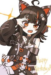  1girl animal_ear_headphones animal_ears arm_belt asymmetrical_sleeves birthday black_sweater cat_ear_headphones cat_ears commentary_request eyeball_hair_ornament fake_animal_ears happy_birthday headphones highres looking_at_viewer mahou_shoujo_no_majo_saiban manosaka665 multicolored_hair off-shoulder_sweater off_shoulder orange_eyes orange_nails orange_streaks sawatari_coco sharp_teeth simple_background single_bare_shoulder solo sparkle sparkling_eyes streaked_hair striped_sleeves stuffed_animal stuffed_cat stuffed_toy sweater teeth upper_body white_background 