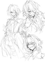  1boy anaxa_(honkai:_star_rail) anger_vein angry ascot blush cape chinese_commentary closed_mouth coat collage commentary_request cropped_legs cropped_torso expressionless eyepatch forced_smile greyscale hair_between_eyes hair_intakes hair_over_shoulder highres honkai:_star_rail honkai_(series) lapels looking_at_viewer low_side_ponytail male_focus medium_hair monochrome multiple_views notched_lapels one_eye_covered pants side_ponytail simple_background sketch smile soe_myrkul standing sweatdrop white_background 