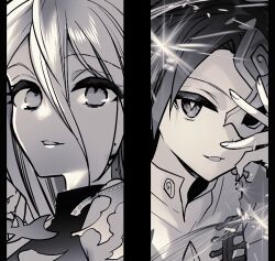  2girls commentary_request dress greyscale hair_between_eyes half_mask iwanaga_ariya katayama_kei long_hair long_hair_between_eyes looking_at_viewer mask mask_over_one_eye monochrome multiple_girls open_mouth shirt sleeveless sleeveless_dress smile touhou turtleneck turtleneck_dress yuiman_asama 