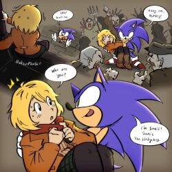  1girl animal_ears animal_nose ashley_graham blonde_hair blue_fur bob_cut boots cleaver english_commentary english_text furry furry_male gloves green_eyes green_skirt hakzophobic hat hedgehog_boy highres holding holding_cleaver holding_pitchfork las_plagas open_mouth orange_shirt orange_sweater pitchfork pointy_ears red_shoes resident_evil resident_evil_4 resident_evil_4_(remake) shirt shoes short_hair skirt smile sonic_(series) sonic_the_hedgehog speech_bubble sweater sweater_around_neck turtleneck white_gloves 