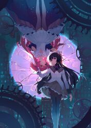 2girls absurdres acr_(dash) akemi_homura akemi_homura_(magical_girl) argyle_clothes argyle_pantyhose black_collar black_hair building capelet chinese_commentary choker collar commentary_request cracked_background dress expressionless feet_out_of_frame frilled_skirt frills gears gloves grey_skirt hair_ribbon hand_in_another's_hair hand_on_own_chest highres kaname_madoka long_hair looking_at_another magical_girl mahou_shoujo_madoka_magica mahou_shoujo_madoka_magica_(anime) multiple_girls neck_ribbon pink_hair pleated_capelet pleated_dress purple_ribbon purple_thighhighs red_ribbon ribbon rotational_symmetry shirt skirt space_print starry_sky_print thighhighs twintails two-tone_capelet ultimate_madoka very_long_hair wheel white_capelet white_choker white_dress white_gloves white_shirt