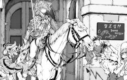  4girls armor biting_hair black_tail blue_archive breastplate closed_eyes commentary_request demon_girl demon_horns demon_tail eating_hair full_armor gauntlets hair_in_another's_mouth helm helmet highres holding holding_reins horns horse horseback_riding knight korean_commentary laughing lightningace long_hair mask mask_pull monochrome mouth_mask multiple_girls open_mouth pauldrons plate_armor pointing pointy_ears ponytail rapier reins riding saddle sailor_collar school_uniform serafuku shoulder_armor smile stirrups_(riding) sword tail trinity_general_school_logo weapon white_horse wings 