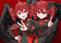  2girls ahoge angel_wings argyle_background belt belt_buckle black_bow black_ribbon black_shirt black_skirt black_wings bow buckle cape collared_shirt double-parted_bangs drill_hair dual_persona epaulettes hair_between_eyes hand_on_own_hip index_finger_raised kasane_teto military_uniform multiple_girls necktie red_background red_bow red_cape red_eyes red_hair red_necktie red_ribbon ribbon second-party_source shachi-kun_jup shirt short_necktie side_cape single_epaulette skirt sleeve_cuffs synthesizer_v tetoec twin_drills utau v wings wyawon 